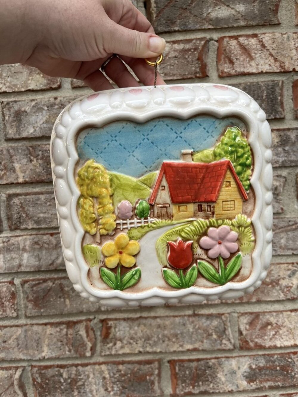 Vintage Ceramic Wall Hanging Jello Mold By Hi Mark With House & Floral Design 8"